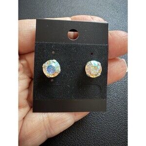 Aurora Borealis Stud Earrings Iridescent Shiny Sparkle Silvertone Metal 8 mm